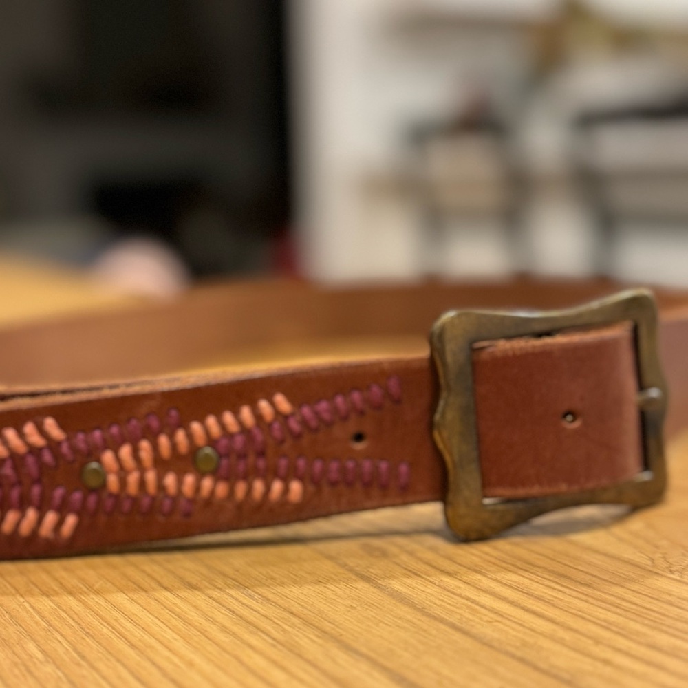 Lucky Brand Embroidered Beaded Boho   Brown Genuine Leather Belt Sz L - Picture 5 of 15